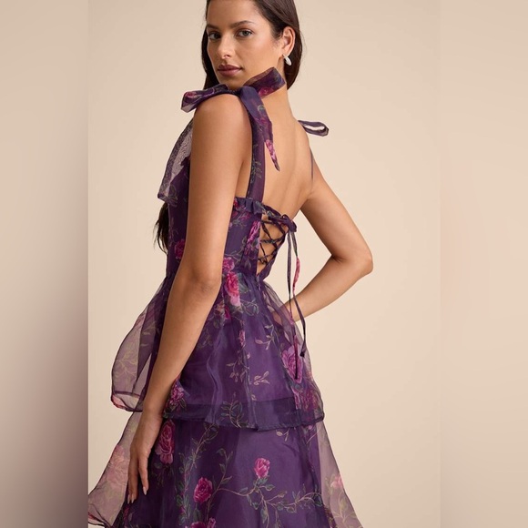 NWT Fairytale Cutie Purple Floral Tie-Strap Tiered Midi Dress Sz XS, S - Picture 8 of 16